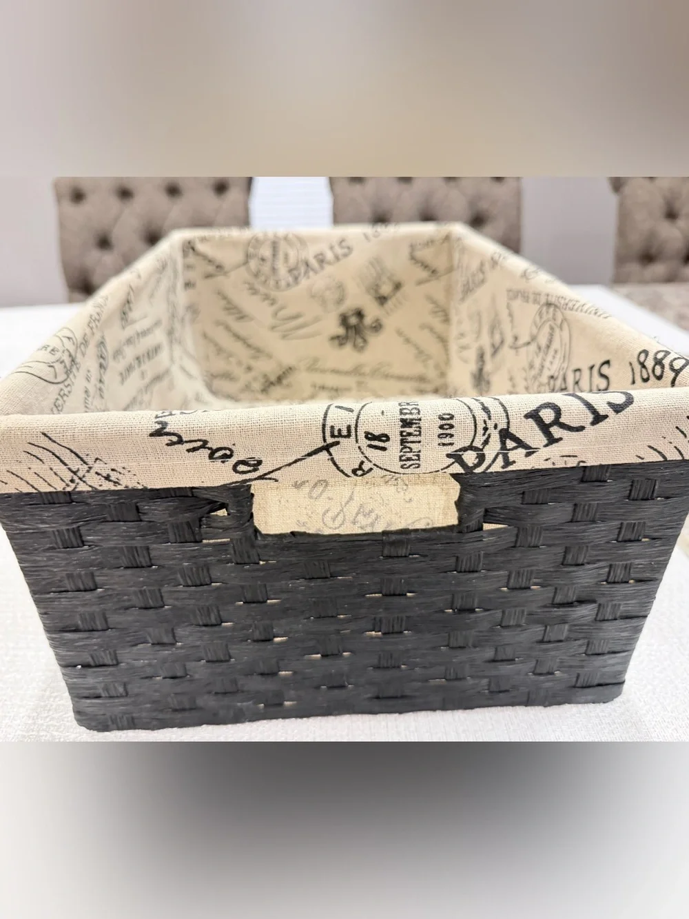 Vintage Paris Print Lined Woven Storage Black Wicker Home Basket Shabby Chic